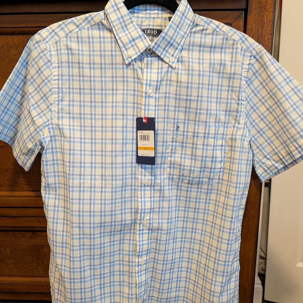 Izod Men's Light Blue and White Checkered Shirt